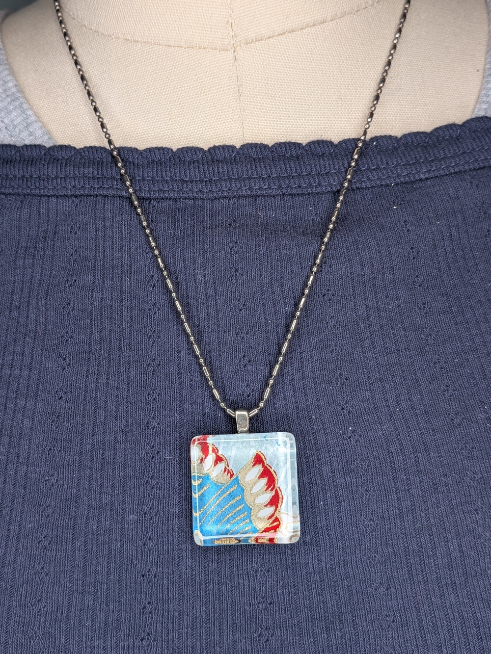 Handcrafted Square Glass Tile Pendant Necklace Blue Red Gold Angel Wings